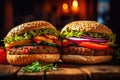 Delicious Veggie Burgers on Wooden Table at Street Cafe AI Generated