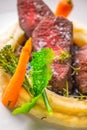 Delicious venison steak with potatoes mash and vegetables on white plate, product photography for exclusive restaurant Royalty Free Stock Photo