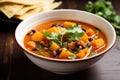 A delicious and vibrant bowl of soup filled with black beans, juicy mangoes, and fresh cilantro, Vegetarian vegan Sweet Potato