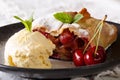 Delicious Viennese cherry strudel with vanilla ice cream macro. Royalty Free Stock Photo