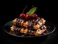 Delicious Viennese waffles with cherry, chocolate and mint on a black plate, isolated on black, close-up