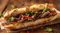 Delicious Vietnamese Banh Mi Sandwich on a Rustic Wooden Table