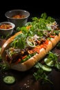 Delicious Vietnamese street food - banh mi sandwich with short baguette and mix of meat, vegetables and herbs