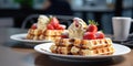 Delicious Waffle Dessert With Strawberries And Cream On A Plate