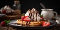 Delicious Waffle Dessert With Strawberries And Cream On A Plate