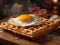 A delicious waffle served with a half-cooked fried egg on top.