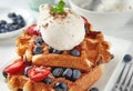Delicious waffles with berries and ice cream on plate, closeup Royalty Free Stock Photo