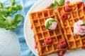 Delicious waffles with berry jam and ice cream on plate Royalty Free Stock Photo