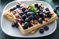 Delicious waffles with blueberries and jam on plate Royalty Free Stock Photo