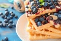 Delicious waffles with blueberries and jam on plate, closeup Royalty Free Stock Photo