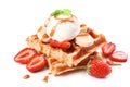 Delicious waffles with fruits and ice cream on white background Royalty Free Stock Photo