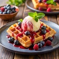 Delicious waffles topped with ice cream, fresh berries, Ai-Generated Images. Royalty Free Stock Photo