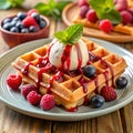 Delicious waffles topped with ice cream, fresh berries, Ai-Generated Images. Royalty Free Stock Photo