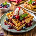 Delicious waffles topped with ice cream, fresh berries, Ai-Generated Images. Royalty Free Stock Photo