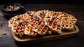 Delicious Waffles On A Wooden Tray With Butter, Jam, And Chocolate Sauce