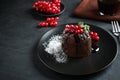 Delicious warm chocolate lava cake with mint and berries on table