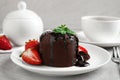 Delicious warm chocolate lava cake with mint and strawberries