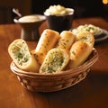 Delicious warm garlic rolls in a basket.