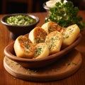 Delicious warm garlic rolls in a basket.