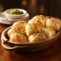 Delicious warm garlic rolls in a basket.