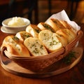 Delicious warm garlic rolls in a basket.