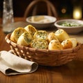 Delicious warm garlic rolls in a basket.