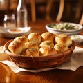 Delicious warm garlic rolls in a basket.