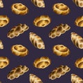 Delicious watercolor challah bread watercolor seamless pattern on dark purple background with Jewish braided loafs