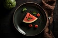 Delicious watermelon on modern Italian ceramic plate in a luxurious restaurant generative AI