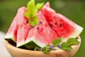 Delicious watermelon slices on wooden plate
