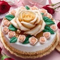 delicious wedding cake with roses, close up viewdelicious wedding cake with roses, close up viewbeautiful cake with flowers on tab Royalty Free Stock Photo