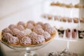 Delicious wedding cakes on a glass tray on a dessert table in a restaurant. Sweet food Royalty Free Stock Photo