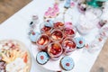 Delicious wedding reception candy bar Dessert table for a wedding party. Cakes with raspberries and strawberry jam Royalty Free Stock Photo