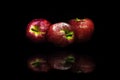 Delicious wet red apples on a reflected surface