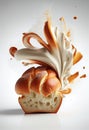 Delicious white bread with condensed milk explosion on white background