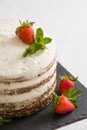 Delicious white cream icing cake with strawberry on the black board. Naked cake with cream, decorated with strawberries and mint Royalty Free Stock Photo