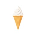 Delicious white ice cream in waffle cone. Vanilla taste isolated twisted ice-cream on white background. Cute flat style