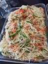 Delicious white noodles with carrots and beans