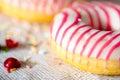 Delicious white pink frosted donuts on the plate Royalty Free Stock Photo