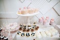 Delicious white wedding reception candy bar dessert table Royalty Free Stock Photo