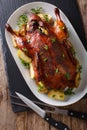 Delicious whole baked duck with apples close-up on a platter. Vertical top view Royalty Free Stock Photo