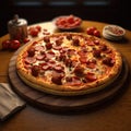 delicious whole italian pizza on a wooden table with ingredients. traditional italian food.