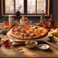 delicious whole italian pizza on a wooden table with ingredients. traditional italian food.