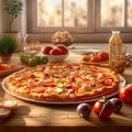 delicious whole italian pizza on a wooden table with ingredients. traditional italian food.