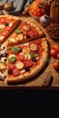 delicious whole italian pizza on a wooden table with ingredients. traditional italian food. Vertical image