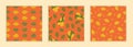 Delicious whole pears. Yellow and green leaves. Set of seamless patterns on an orange background. Three drawn patterns in flat