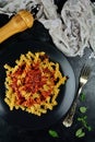 Delicious Whole Wheat Fusilli Pasta with Tomato Sauce Royalty Free Stock Photo