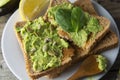 Delicious wholewheat toast with guacamole, avocado slices. Mexican cuisine. Healthy food, snack. Breakfast. Wooden rustic table