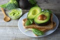 Delicious wholewheat toast with guacamole, avocado slices. Mexican cuisine. Healthy food, snack. Breakfast. Wooden rustic table