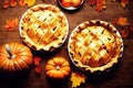 Delicious wicker pumpkin pie with pumpkin in autumn on wooden table Royalty Free Stock Photo